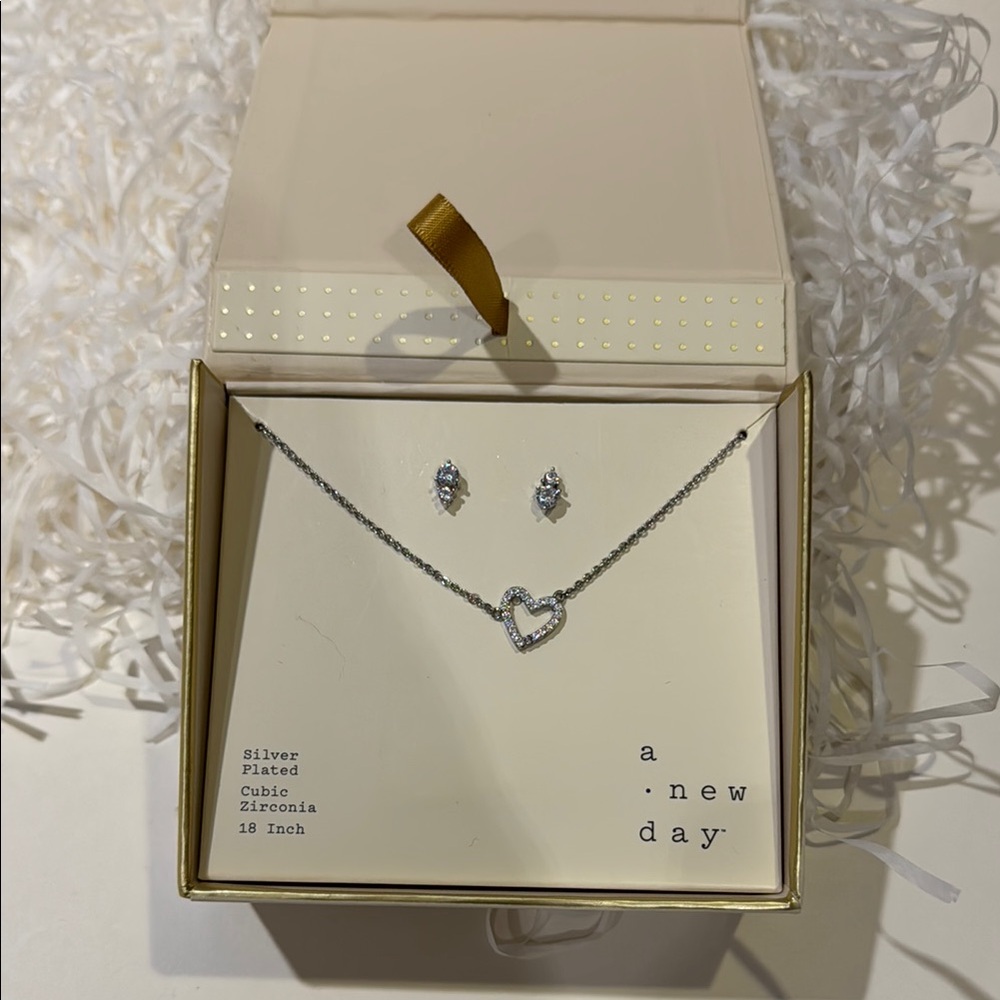 A New Day Silver Cubic Zirconia Heart Necklace and Earrings Set, New in box